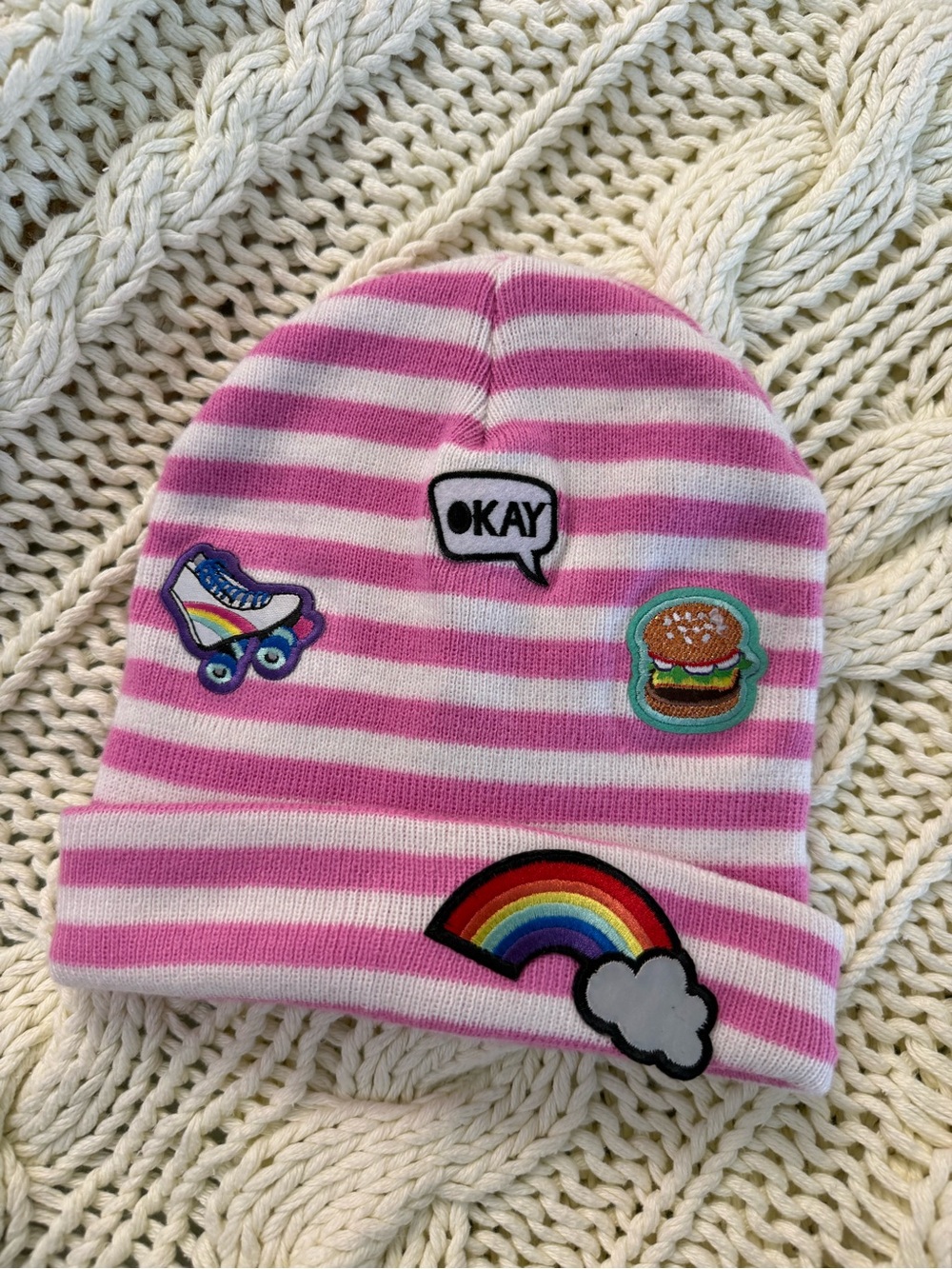 Pink & White Striped Beanie with Fun Patches